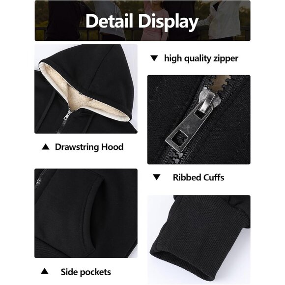 Women's Sherpa Lined Hooded Sweatshirt Zip Up Winter Warm Hoodie Comfy Hooded Fl - Picture 6 of 7